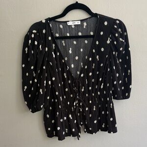 Mango Black Daisy Tie-Front Puff Sleeve Blouse